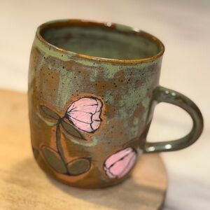 Vintage Stoneware Green Brown Floral Mug